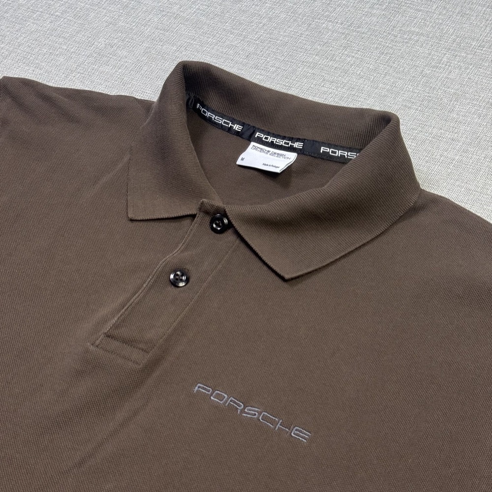 Porsche Design Polo Shirt Mens Medium Brown Cotton Embroidered Drivers Selection
